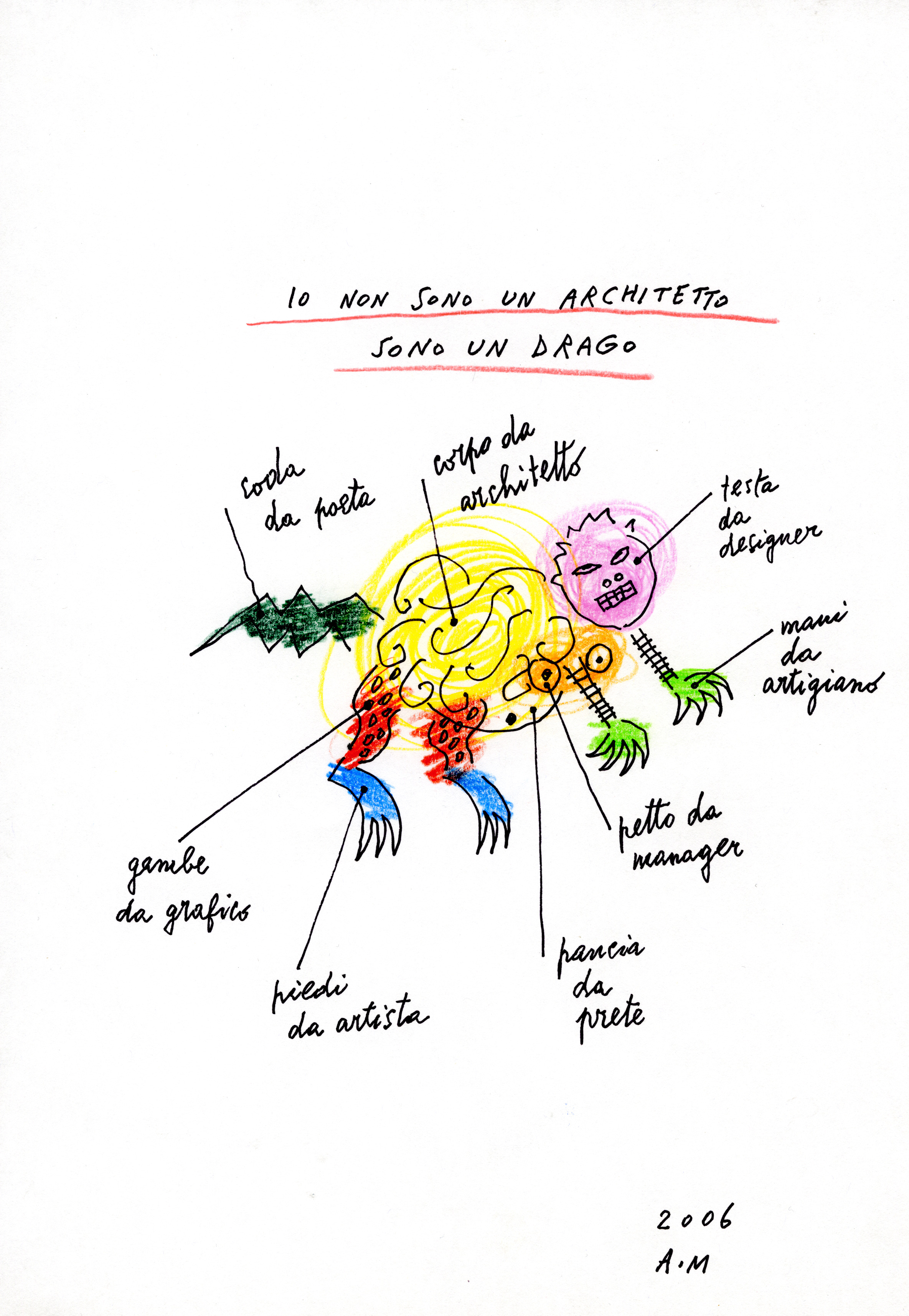 Alessandro Mendini, Io non sono un Architetto sono un Drago, pennarello e matite colorate su carta, 2006, Archivio Alessandro Mendini
